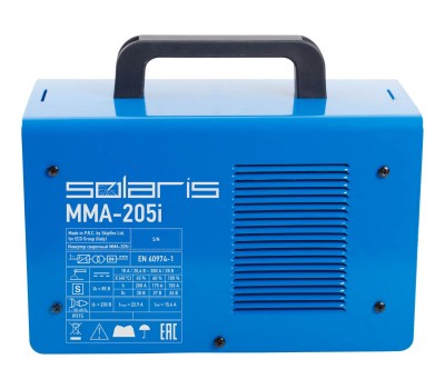Инвертор сварочный SOLARIS MMA-205i (230В, 10-200 А, 85В, электроды диам. 1.6-4.0 мм, вес 5.1 кг) (MMA-205i)