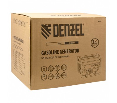 Генератор бензиновый GE 8900, 8.5 кВт, 220 В/50 Гц, 25 л, ручной старт Denzel