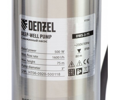Скважинный насос DWS-3-75, винтовой, диаметр 3, 500 Вт, 1600 л/ч, напор 75 м Denzel